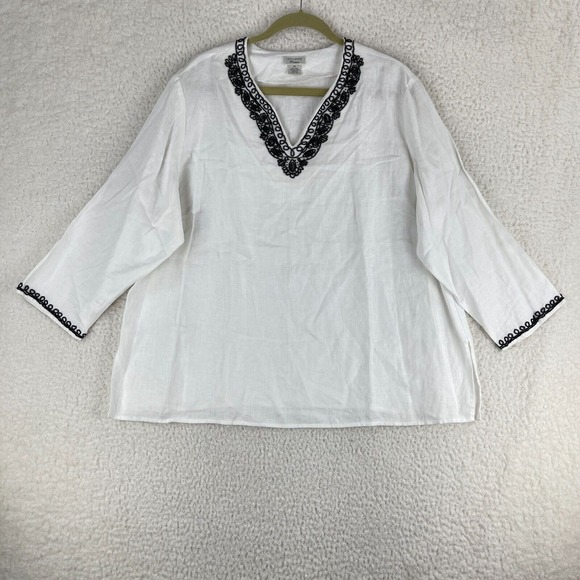 Laura Ashley White Embroidered V-Neck Shirt Womens 100% Linen‎ Plus Size 2X - Picture 1 of 16